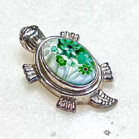 Murano Jewelry - Vintage Murano Green and White Turtle Millefiori Pendant